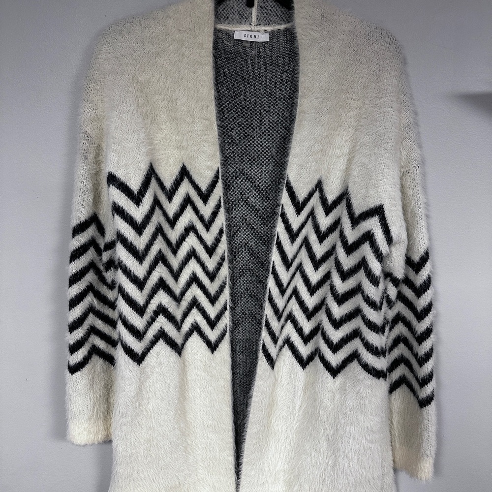Sioni cream and black chevron extra long super soft ( angora feel ) cardigan, S